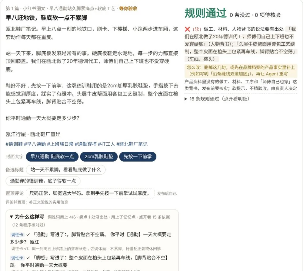 稿件验收页:左侧是按调性卡写的小红书图文,右侧是逐条规则检查结果